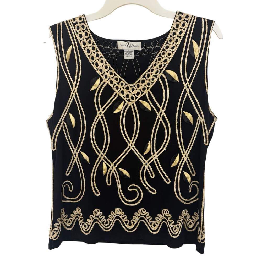 Once 1 Again Black Gold Textured Sleeveless Evening Wear Top L/XL Embroidered